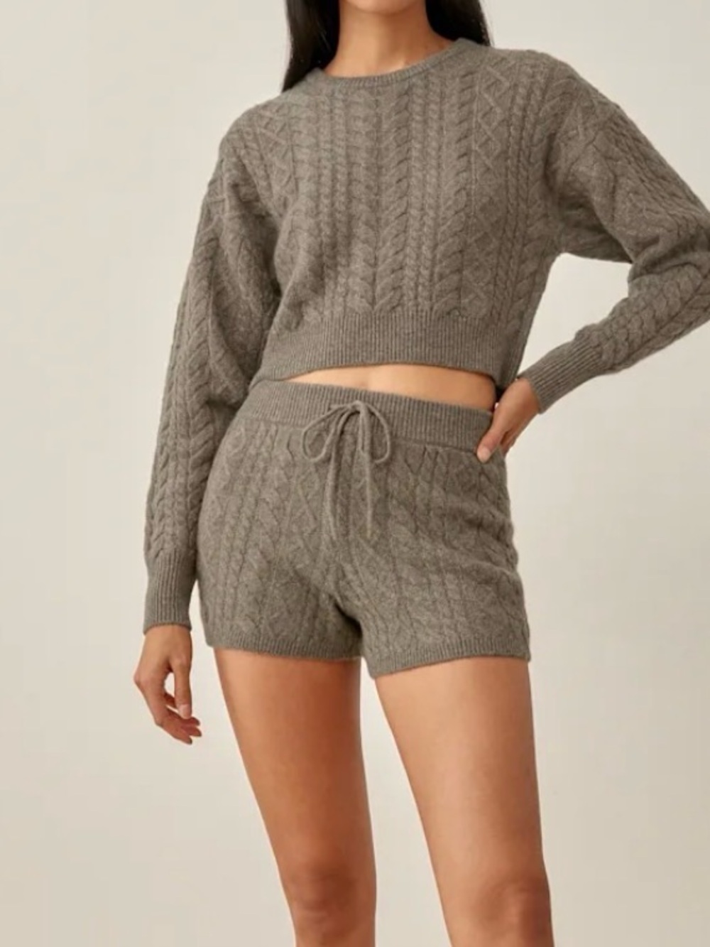 Reformation ALFIO Brown Cable Knit Crop Sweater & Shorts Set - Picture 3 of 13